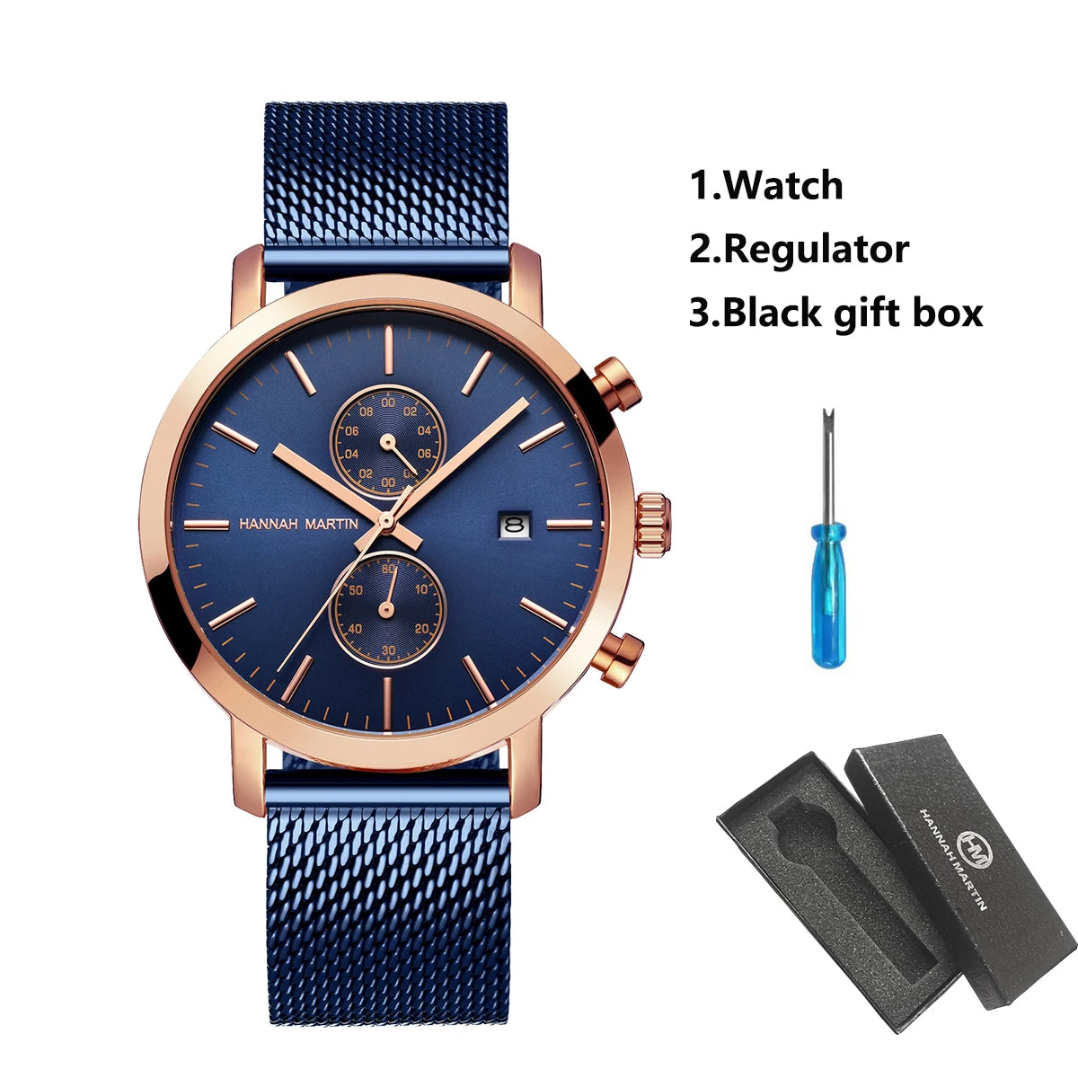 HANNAH MARTIN Brand Top Men Watch Black Stainless Steel Fashion Waterproof Sports Multifunctional Quartz Watch Relogio Masculino