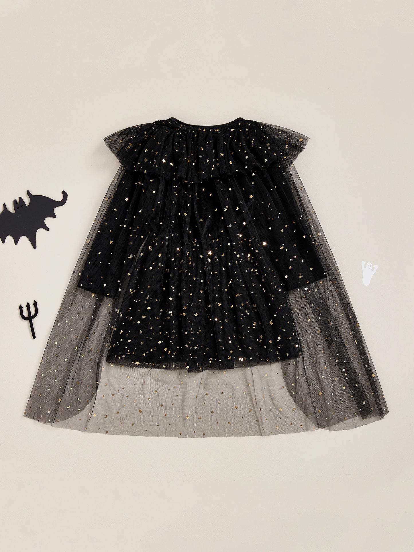 Girls Halloween Witch Costume Long Sleeve V Neck Tulle Patchwork Dress with Hat and Broomstick