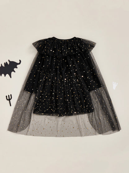Girls Halloween Witch Costume Long Sleeve V Neck Tulle Patchwork Dress with Hat and Broomstick