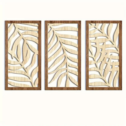 3pcs Modern Abstract Leaf Carving Wood Wall Decoration Tropical Palm Hollow Wooden Art Home Decor