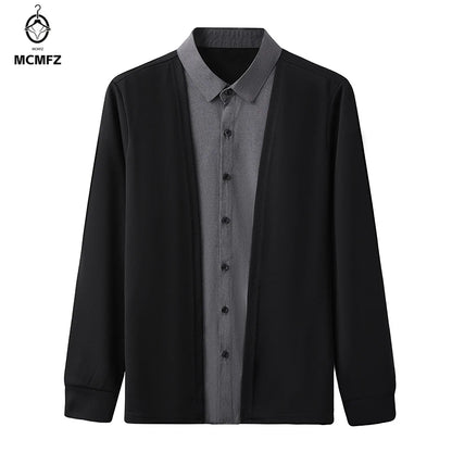 Men's Casual Long Sleeved Shirt Fake Two Piece Comfortable Outdoor Cardigan Korean Version Solid Color Fashionable Versatile Top