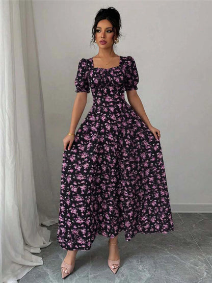 Women's Summer Elegant Casual Puff Sleeve Square Neck Black Floral Print Maxi Dress