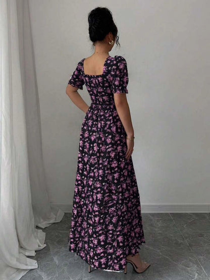 Women's Summer Elegant Casual Puff Sleeve Square Neck Black Floral Print Maxi Dress