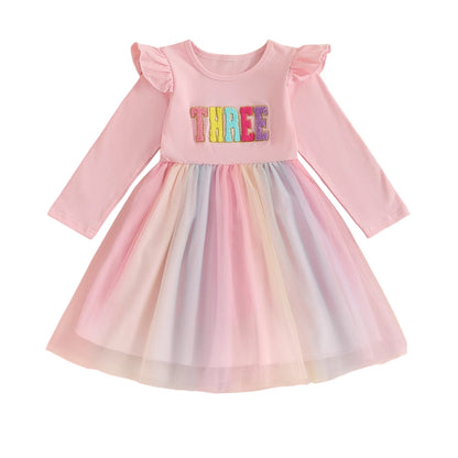 Cute Baby Girl Party Dress with Floral Embroidery Round Neck Long Sleeves Tulle Patchwork Princess Dress for Toddler s Birthday