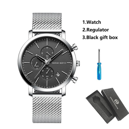 HANNAH MARTIN Brand Top Men Watch Black Stainless Steel Fashion Waterproof Sports Multifunctional Quartz Watch Relogio Masculino
