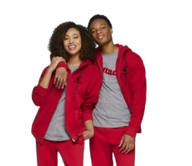 Two people wearing red tracksuits with gray shirts on a white background